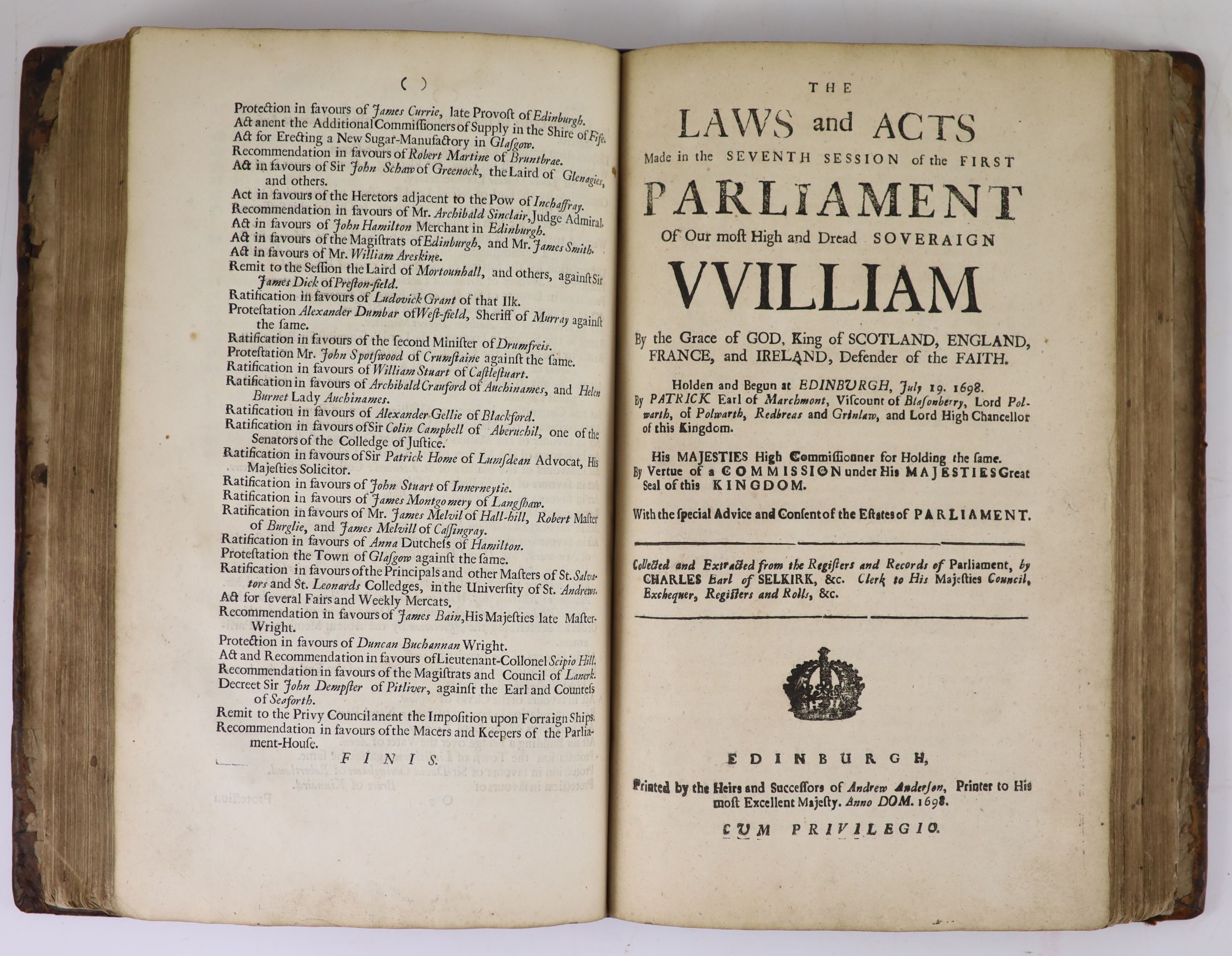 [Scotland] Laws and Acts (of Scotland)' approx. 12 various, William & Mary (1689) - Ann (1707). engraved headpieces and decorated initial letters; includes (January 1707) 'Act Ratifying and Approving the Treaty of Union